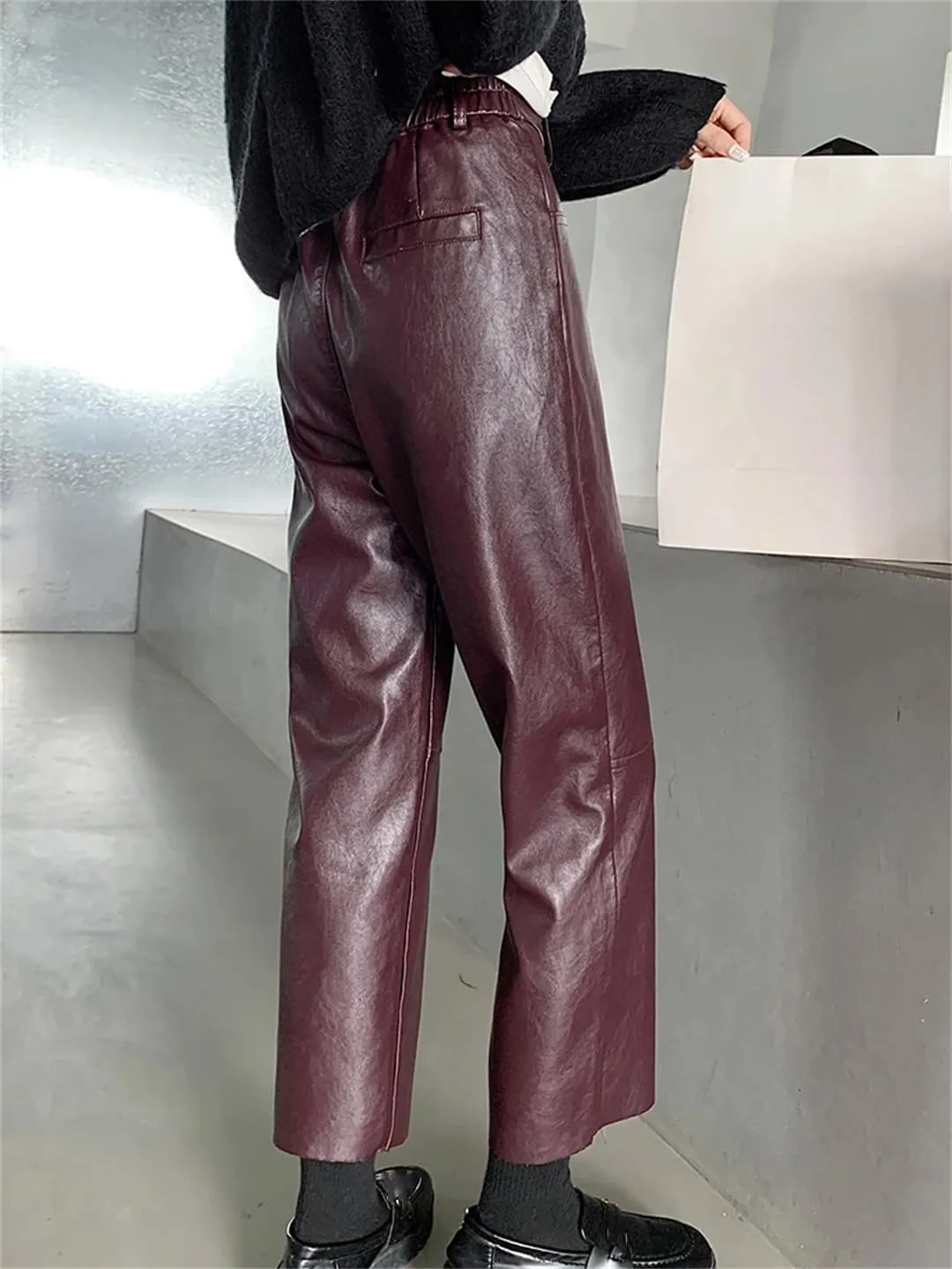 Fnfmrfmr Women Casual PU Leather Pants Solid High Waisted Zipper Pockets Faux Leather Harem Trousers
