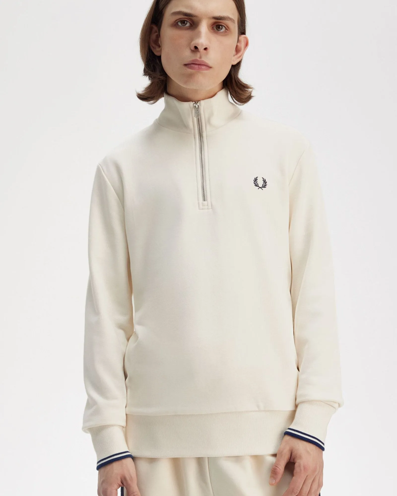 Fred Perry Half Zip Sweatshirt - Ecru / Tennis Blue
