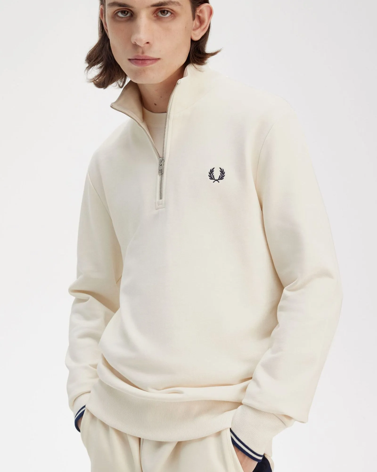 Fred Perry Half Zip Sweatshirt - Ecru / Tennis Blue