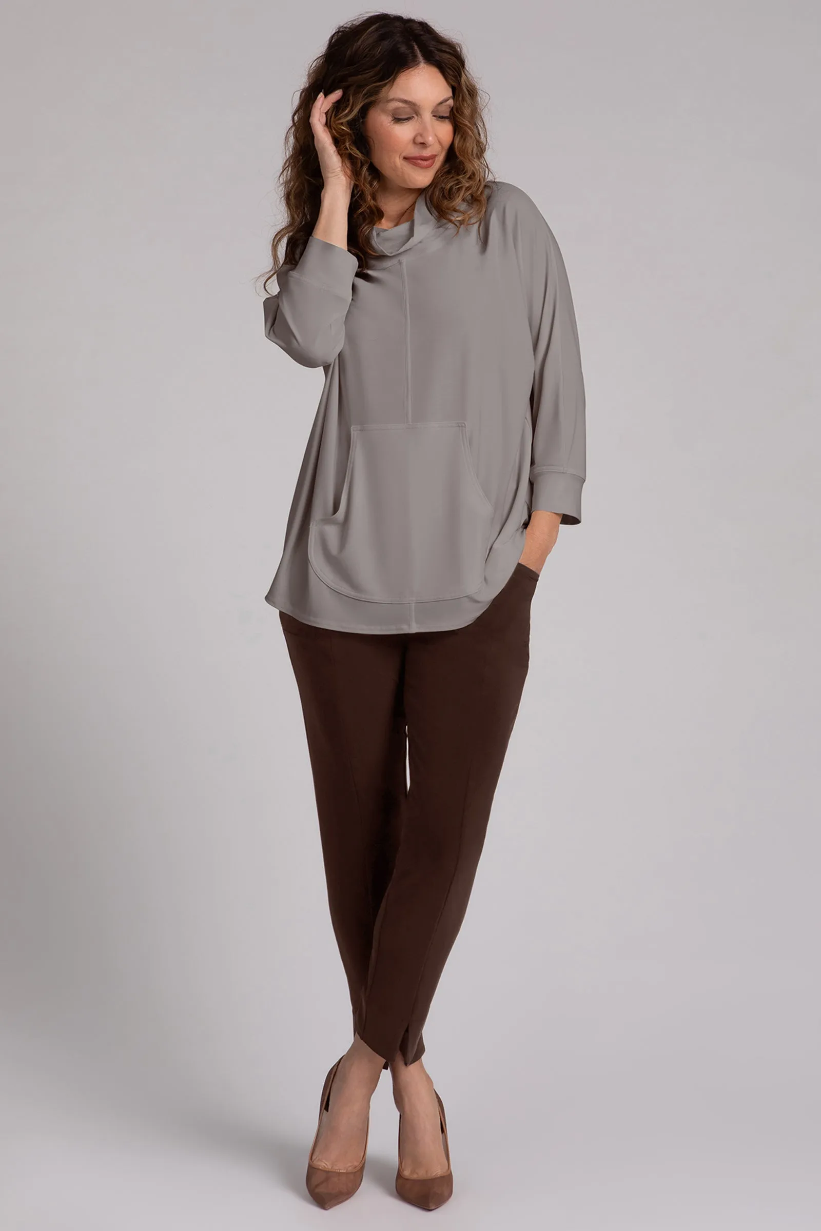 Funnel Neck Pullover with Kangaroo Pocket | Taupe