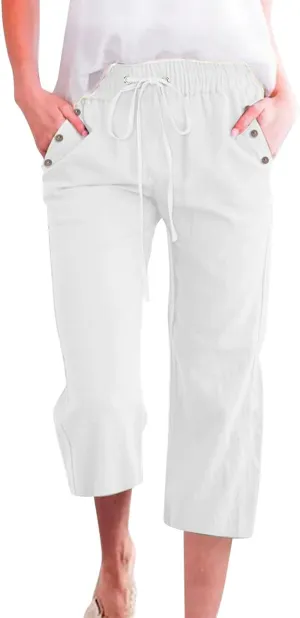FZVYD Capri Pants for Women Casual 2025 Summer Drawstring Elastic High Waist Linen Pant Straight Wide Leg Cropped Trousers