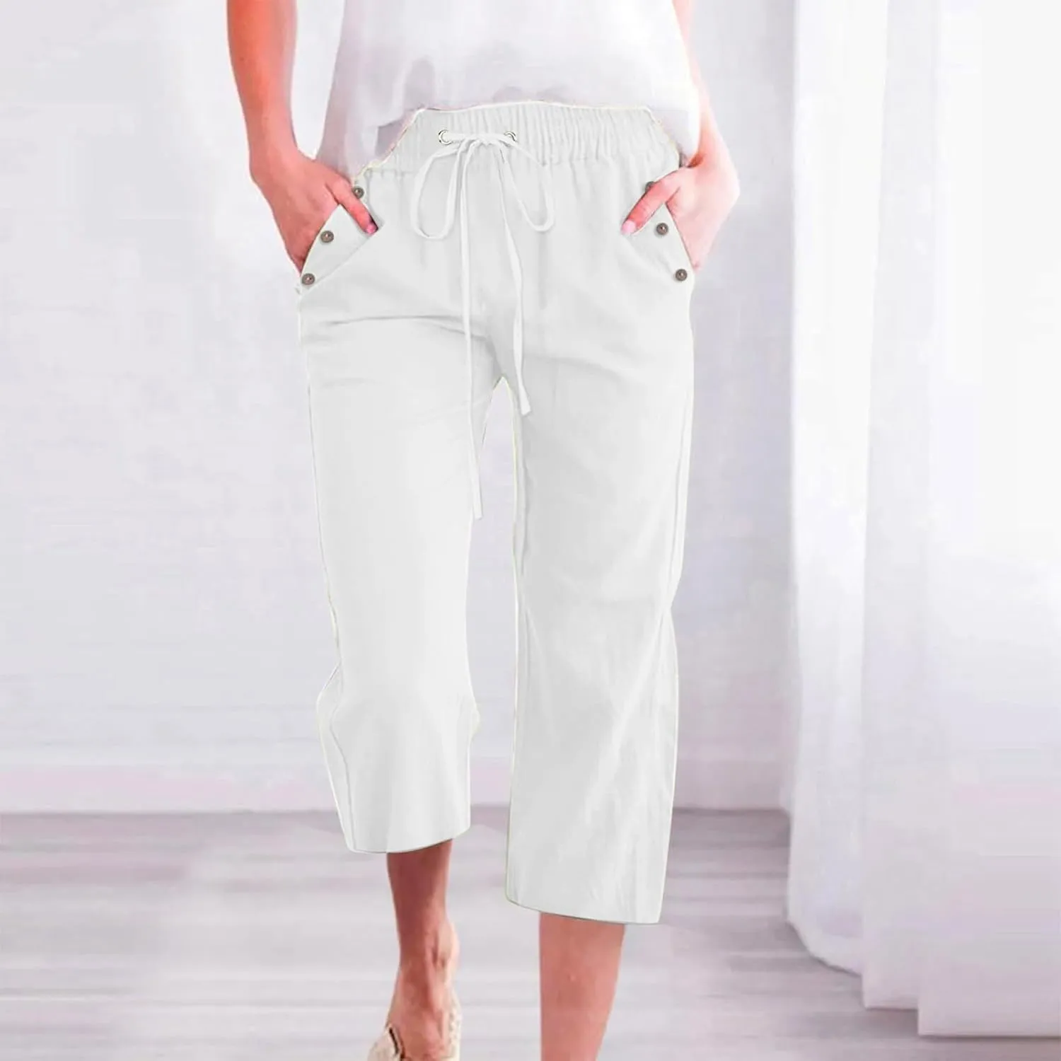 FZVYD Capri Pants for Women Casual 2025 Summer Drawstring Elastic High Waist Linen Pant Straight Wide Leg Cropped Trousers