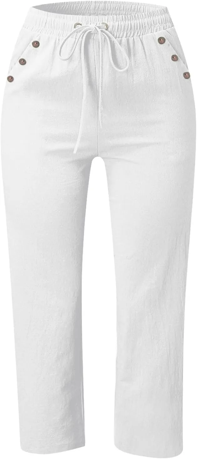 FZVYD Capri Pants for Women Casual 2025 Summer Drawstring Elastic High Waist Linen Pant Straight Wide Leg Cropped Trousers