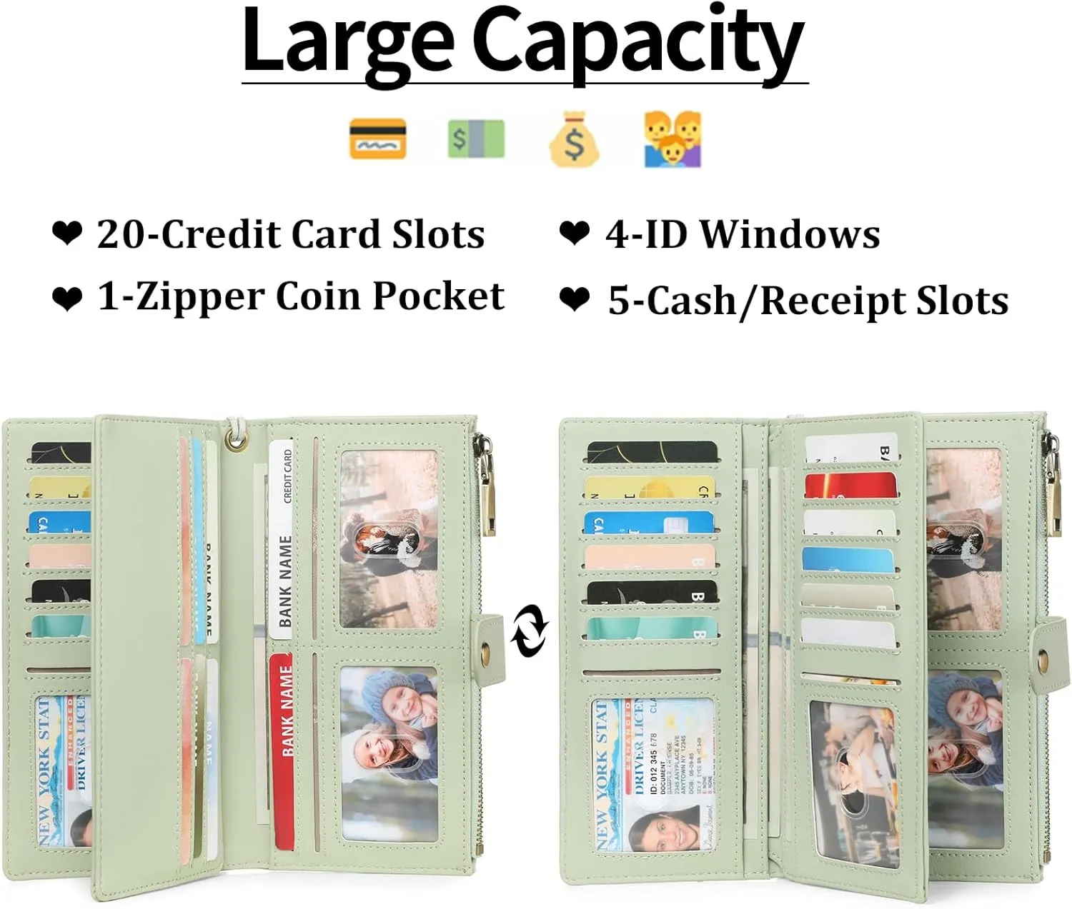 GAEKEAO Wallets for Women Leather RFID Blocking Large Capacity Card Case Ladies Wristlet Clutch Wallets Zipper Pocket with 4 ID Windows 22 Card Slots