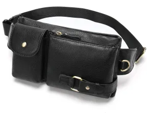 Genuine Leather Black Fanny Pack Travel Slim Cross Body Belt Bag, Unisex for Women and Men