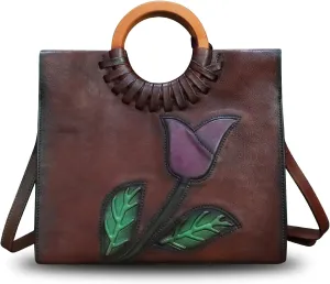 Genuine Leather Top Handle Handbag for Women Vintage Satchel Retro Cowhide Handmade Crossbody Bag Purses
