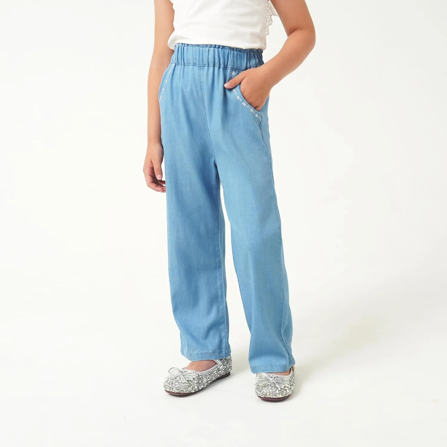 Girls Pants with Pockets Pull On Lightweight Bell Bottoms Straight Leg Baggy Jeans for Girls Flare School Pants