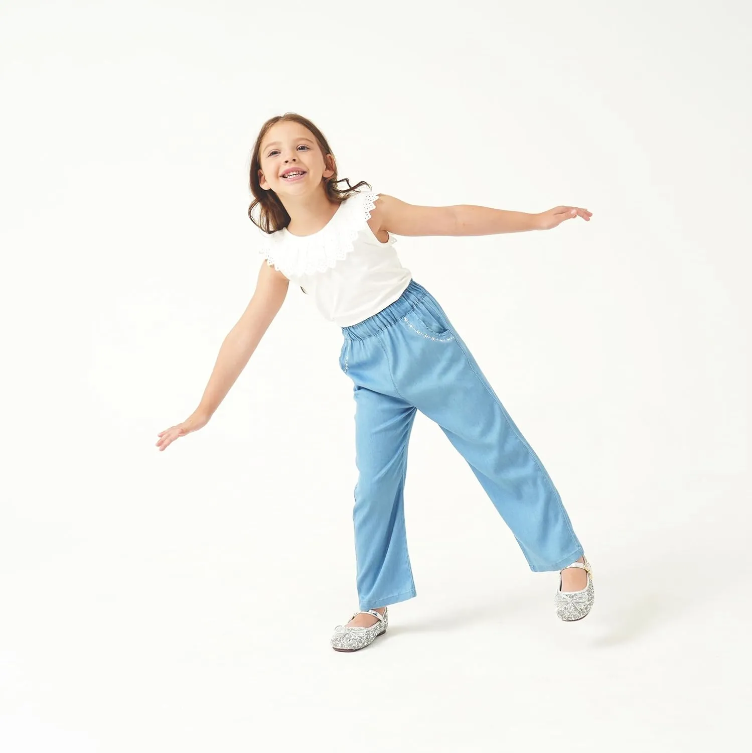 Girls Pants with Pockets Pull On Lightweight Bell Bottoms Straight Leg Baggy Jeans for Girls Flare School Pants