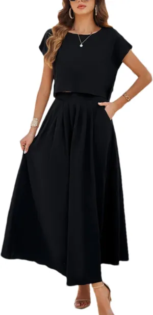HangNiFang 2025 Summer Skirt Sets Women 2 Piece Outfits Cap Sleeve Top Elastic Waist Maxi Dress Sets with Pockets