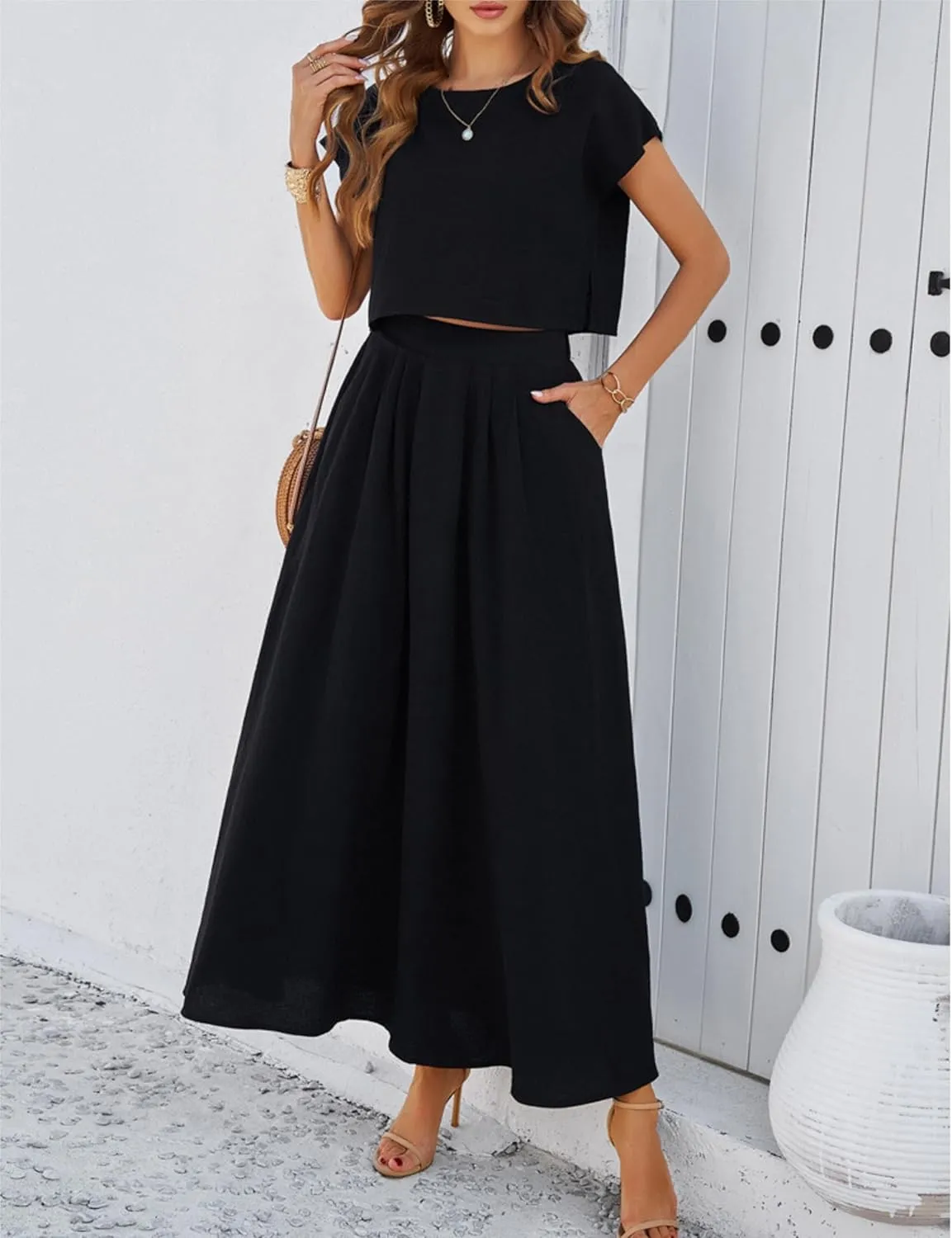 HangNiFang 2025 Summer Skirt Sets Women 2 Piece Outfits Cap Sleeve Top Elastic Waist Maxi Dress Sets with Pockets