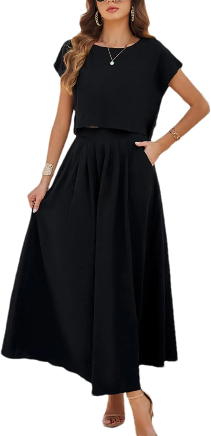 HangNiFang 2025 Summer Skirt Sets Women 2 Piece Outfits Cap Sleeve Top Elastic Waist Maxi Dress Sets with Pockets