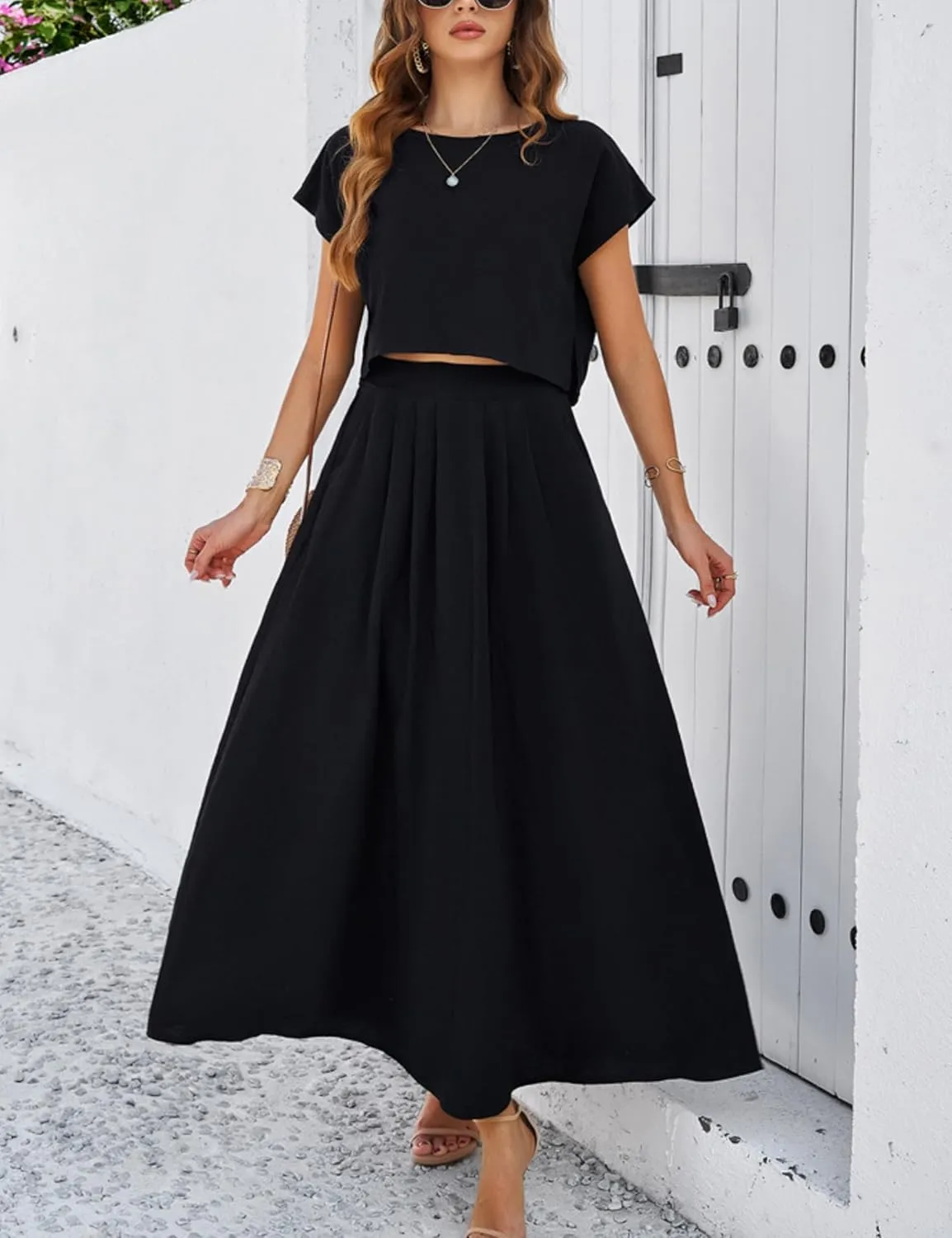 HangNiFang 2025 Summer Skirt Sets Women 2 Piece Outfits Cap Sleeve Top Elastic Waist Maxi Dress Sets with Pockets