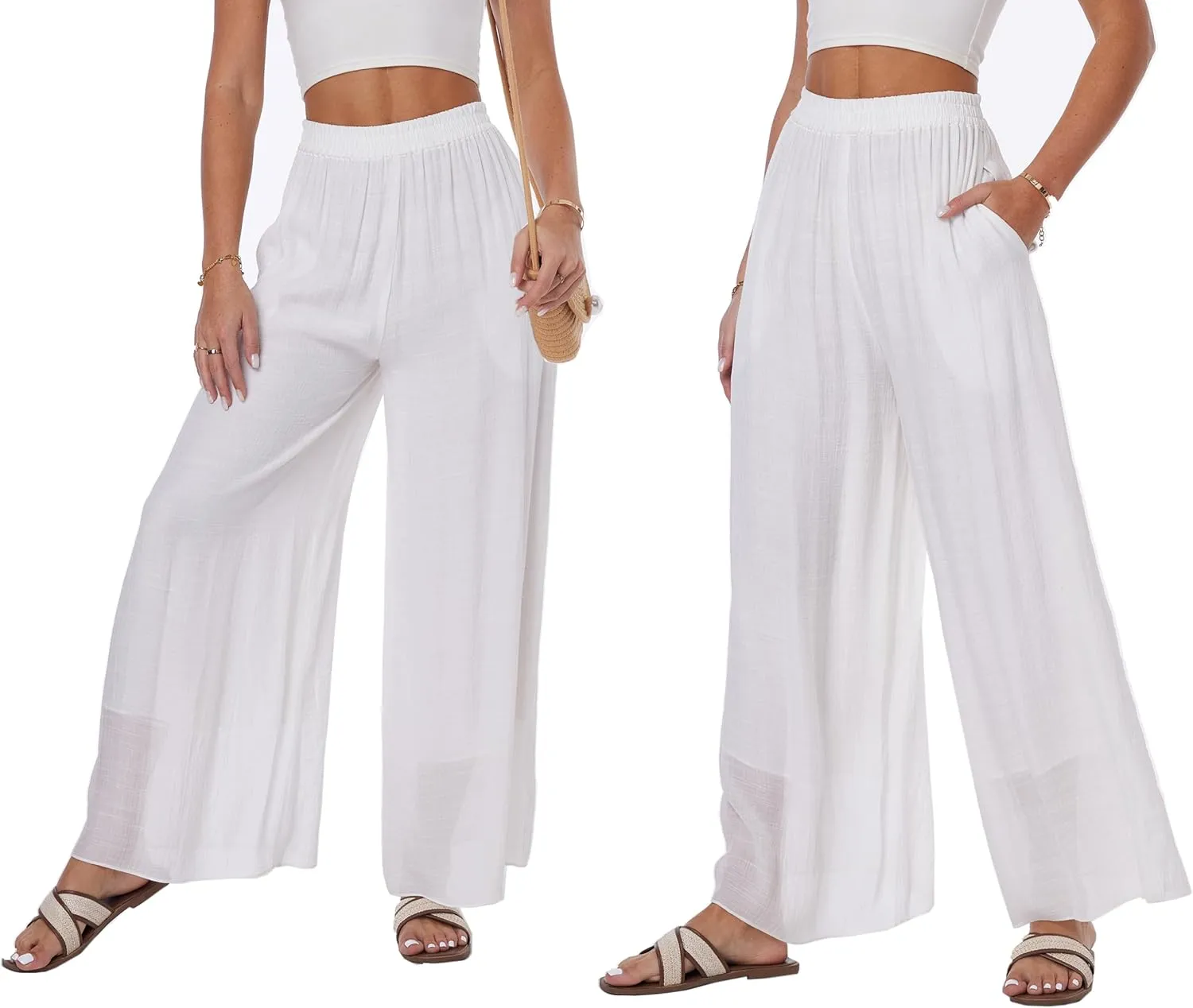 heipeiwa Women's Summer Linen Pants Double Layers Casual Wide Leg Palazzo Pants Beach Dress Loose Linen Culottes Pant