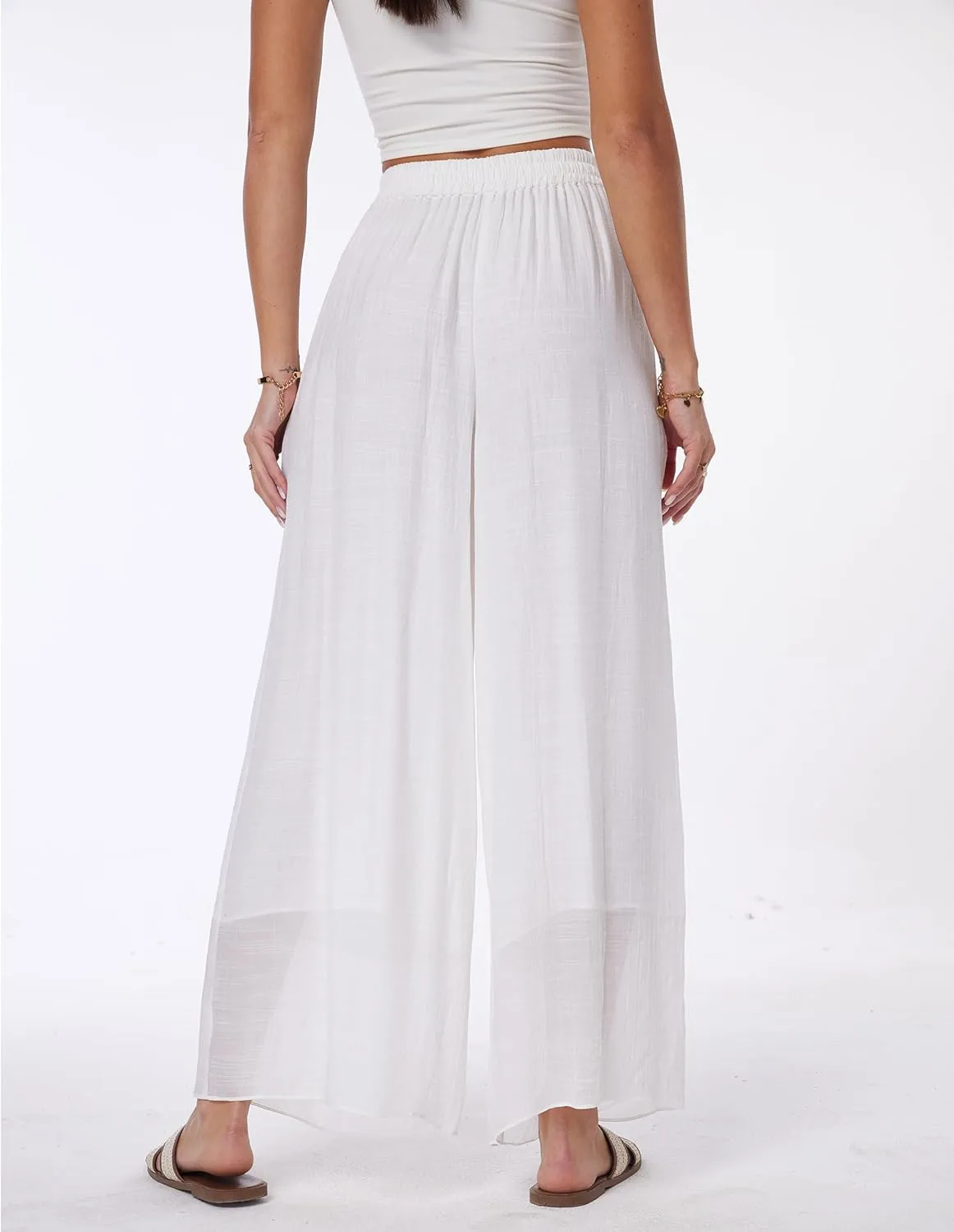 heipeiwa Women's Summer Linen Pants Double Layers Casual Wide Leg Palazzo Pants Beach Dress Loose Linen Culottes Pant