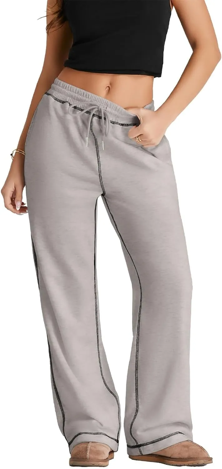 Herseas High Waisted Sweatpants for Women 2024 Fall Wide Leg Contrast Stitching Drawstring Loose Lounge Jogging Pants