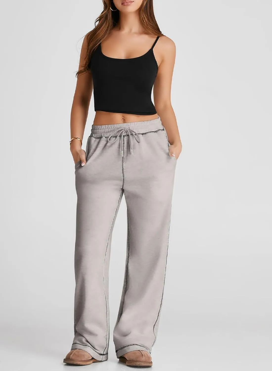 Herseas High Waisted Sweatpants for Women 2024 Fall Wide Leg Contrast Stitching Drawstring Loose Lounge Jogging Pants