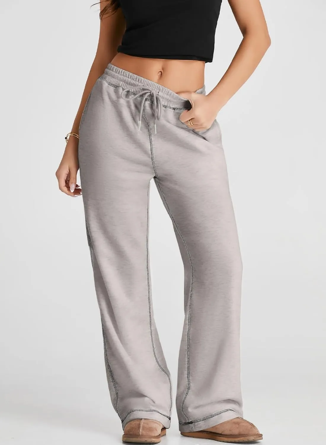 Herseas High Waisted Sweatpants for Women 2024 Fall Wide Leg Contrast Stitching Drawstring Loose Lounge Jogging Pants