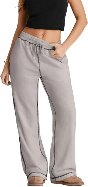 Herseas High Waisted Sweatpants for Women 2024 Fall Wide Leg Contrast Stitching Drawstring Loose Lounge Jogging Pants