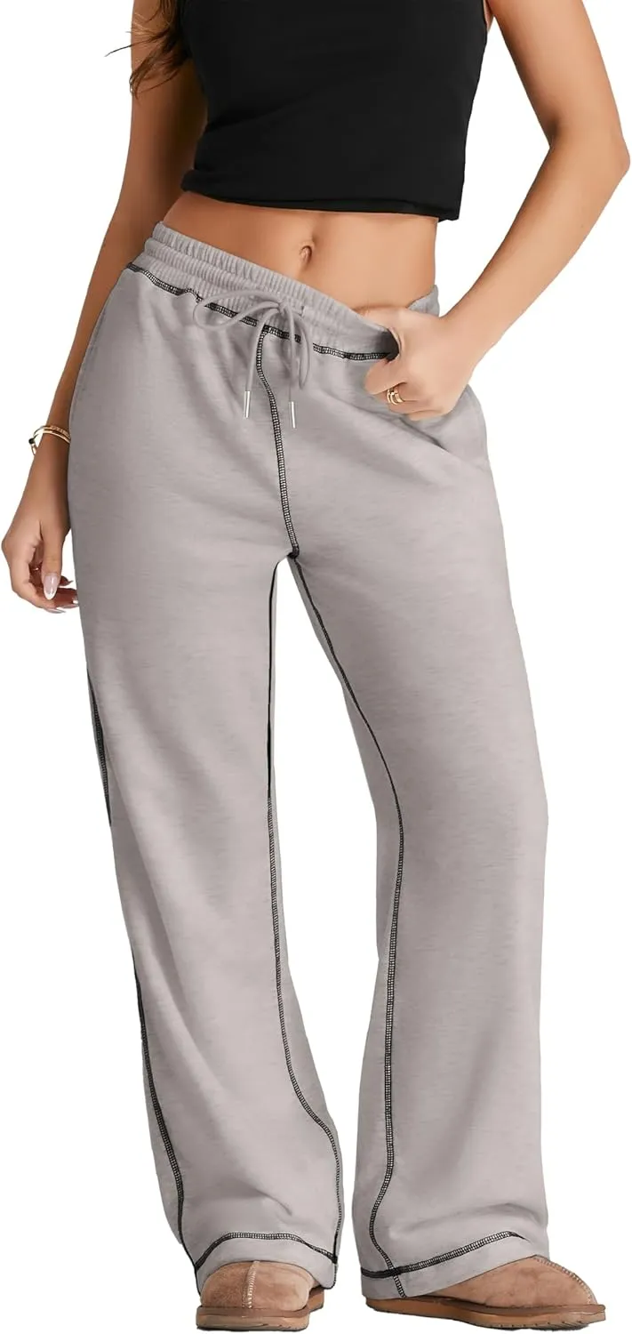 Herseas High Waisted Sweatpants for Women 2024 Fall Wide Leg Contrast Stitching Drawstring Loose Lounge Jogging Pants
