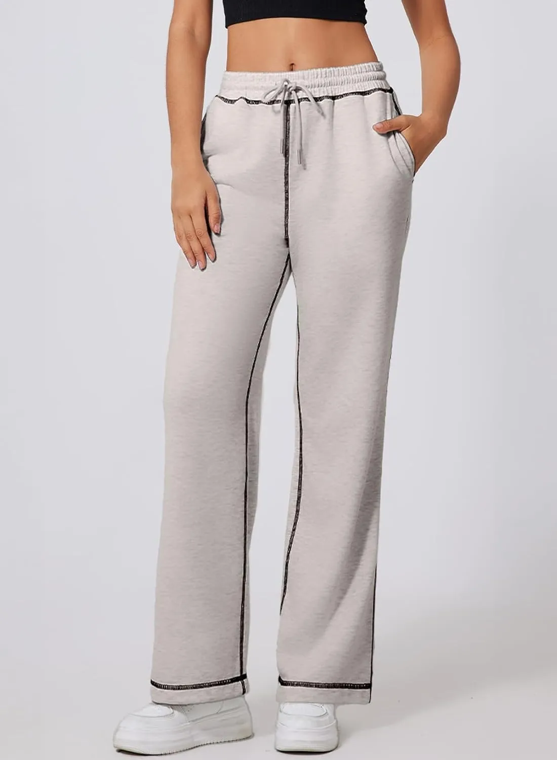 Herseas High Waisted Sweatpants for Women 2024 Fall Wide Leg Contrast Stitching Drawstring Loose Lounge Jogging Pants
