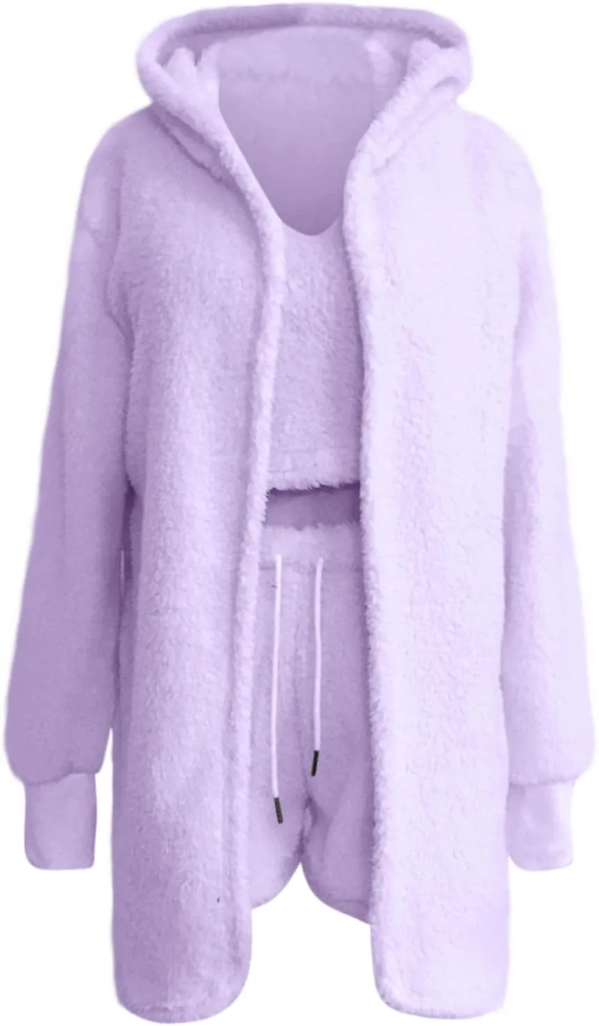 HGps8w Women's Fleece Winter 3 Piece Pajamas Sets, Fuzzy Soft Hooded Cardigan Sleeveless Crop Tops Shorts Loungewear Outfits