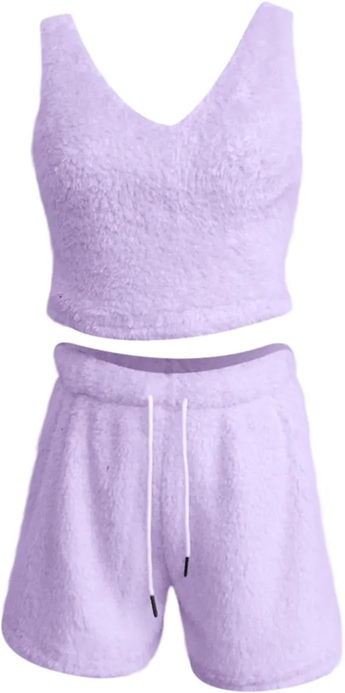 HGps8w Women's Fleece Winter 3 Piece Pajamas Sets, Fuzzy Soft Hooded Cardigan Sleeveless Crop Tops Shorts Loungewear Outfits