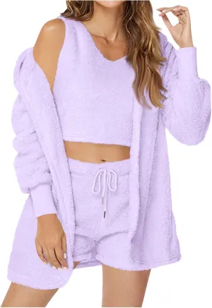 HGps8w Women's Fleece Winter 3 Piece Pajamas Sets, Fuzzy Soft Hooded Cardigan Sleeveless Crop Tops Shorts Loungewear Outfits