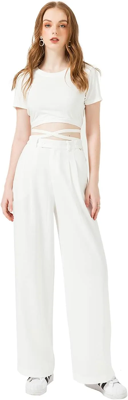 High Waisted Petite Wide Leg 70s Work Pants Palazzo for Office Casual Business Women