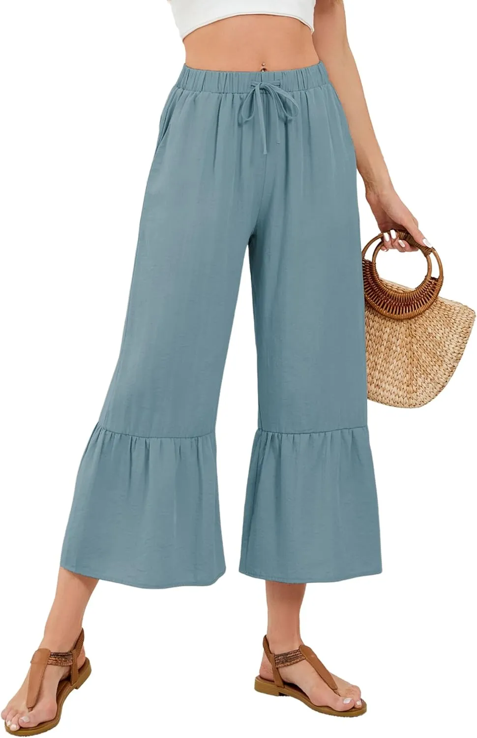 Himosyber Womens Cotton Wide Leg Cropped Pants Casual Drawstring Elastic Waisted Ruffle Hem Palazzo Pants with Pockets