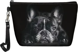 HUGS IDEA Black French Bulldog Print Leather Makeup Bag for Purse Makeup Pouch with Zipper Cute Toiletry Storage Bag Small Pouch Gift