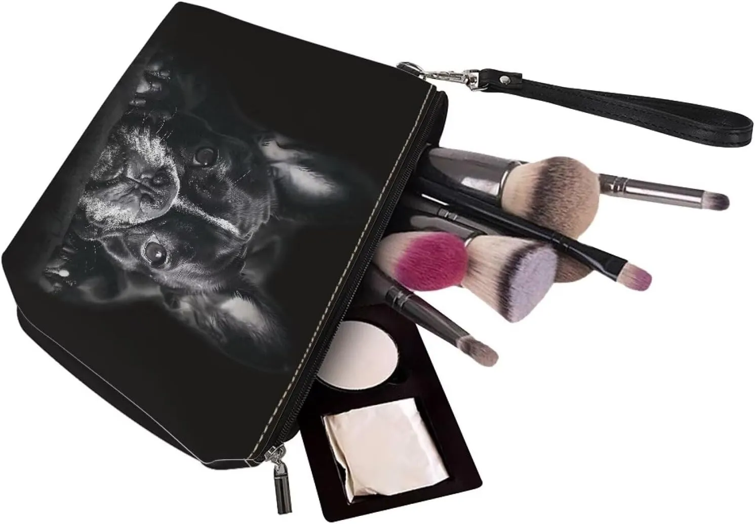 HUGS IDEA Black French Bulldog Print Leather Makeup Bag for Purse Makeup Pouch with Zipper Cute Toiletry Storage Bag Small Pouch Gift