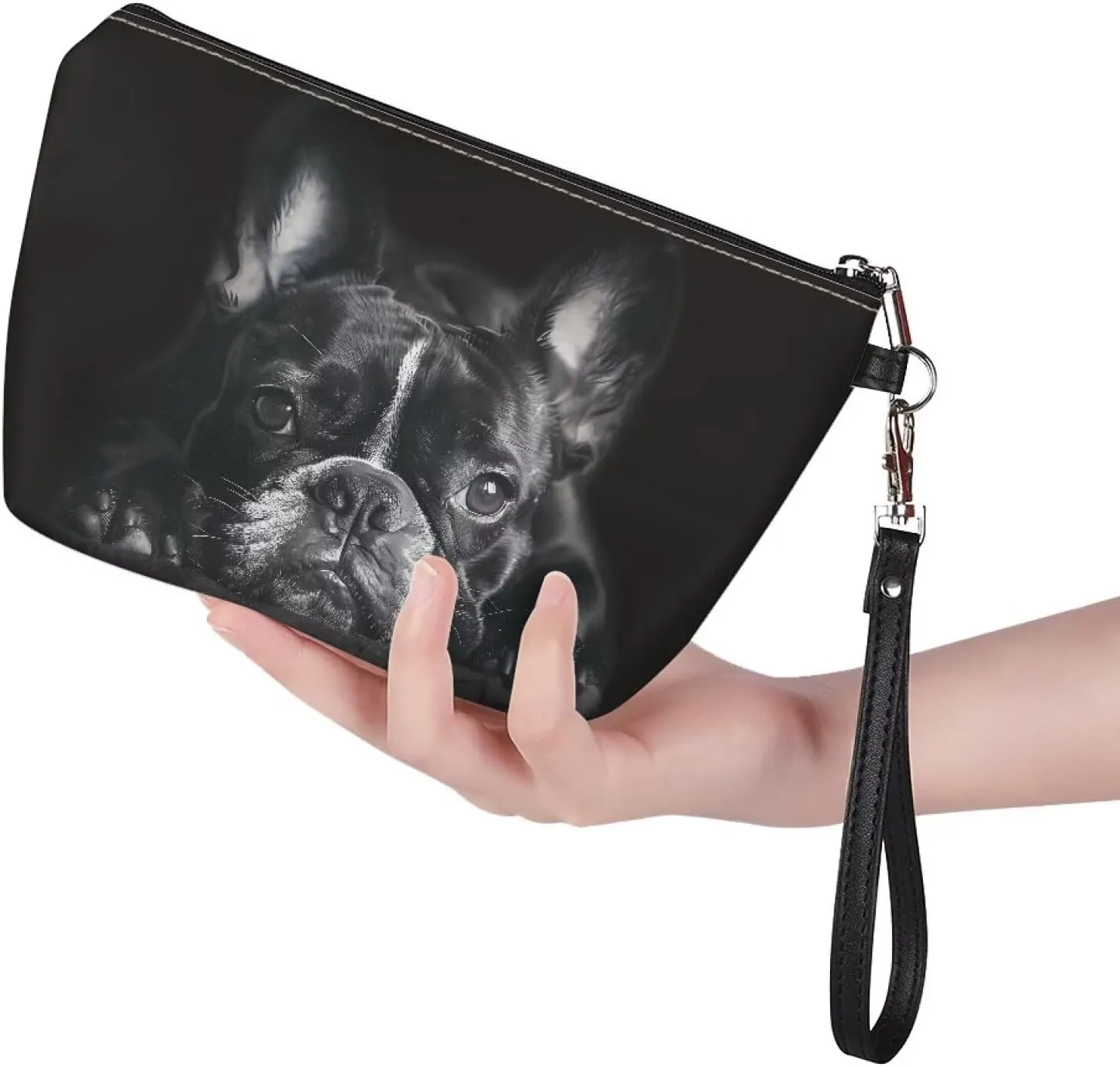 HUGS IDEA Black French Bulldog Print Leather Makeup Bag for Purse Makeup Pouch with Zipper Cute Toiletry Storage Bag Small Pouch Gift