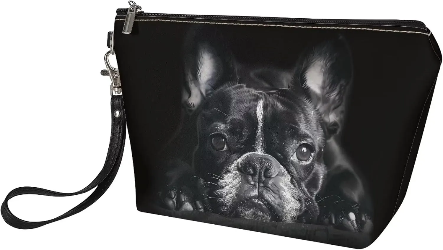 HUGS IDEA Black French Bulldog Print Leather Makeup Bag for Purse Makeup Pouch with Zipper Cute Toiletry Storage Bag Small Pouch Gift