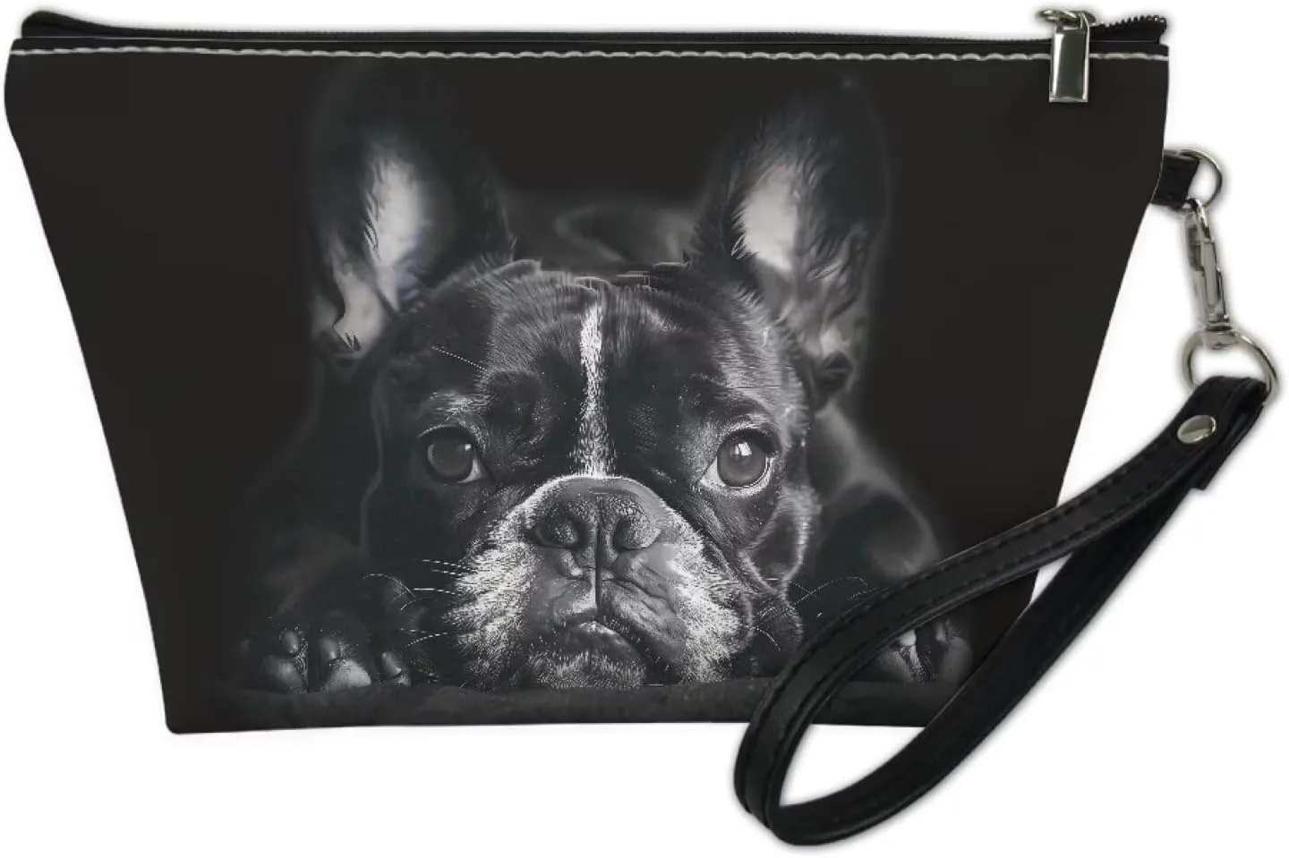 HUGS IDEA Black French Bulldog Print Leather Makeup Bag for Purse Makeup Pouch with Zipper Cute Toiletry Storage Bag Small Pouch Gift