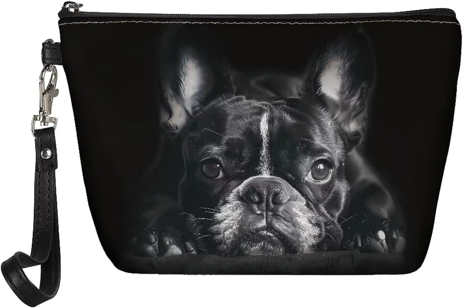 HUGS IDEA Black French Bulldog Print Leather Makeup Bag for Purse Makeup Pouch with Zipper Cute Toiletry Storage Bag Small Pouch Gift