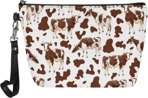 HUGS IDEA Brown Cow Cosmetic Bag for Women Travel Makeup Pouch PU Leather Makeup Bag for Purse Portable Toiletry Bag Accessories Organizer
