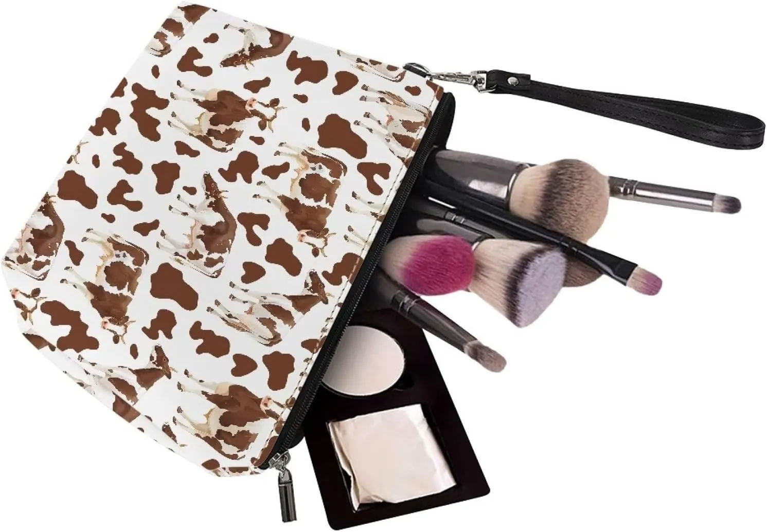 HUGS IDEA Brown Cow Cosmetic Bag for Women Travel Makeup Pouch PU Leather Makeup Bag for Purse Portable Toiletry Bag Accessories Organizer