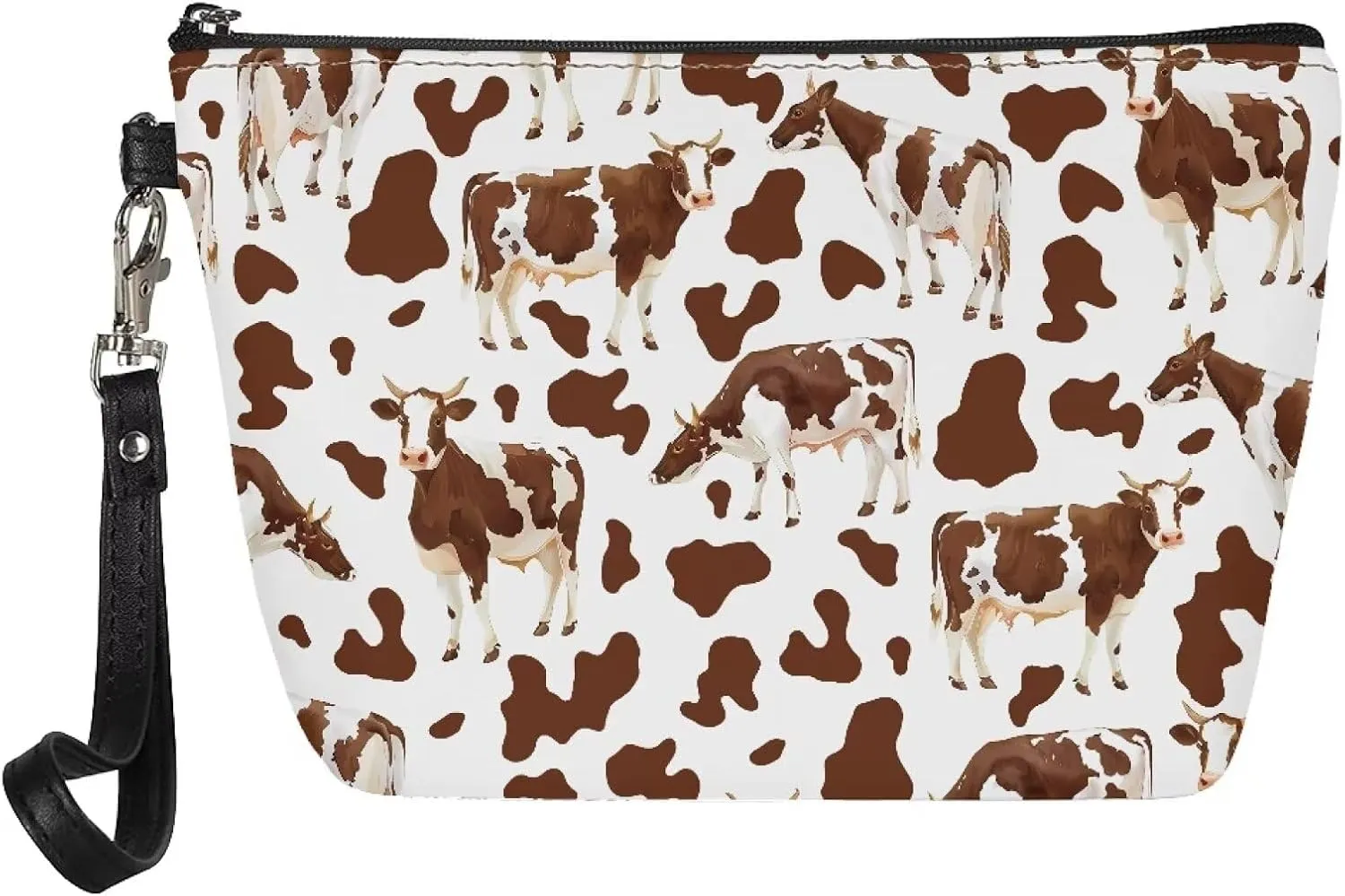 HUGS IDEA Brown Cow Cosmetic Bag for Women Travel Makeup Pouch PU Leather Makeup Bag for Purse Portable Toiletry Bag Accessories Organizer