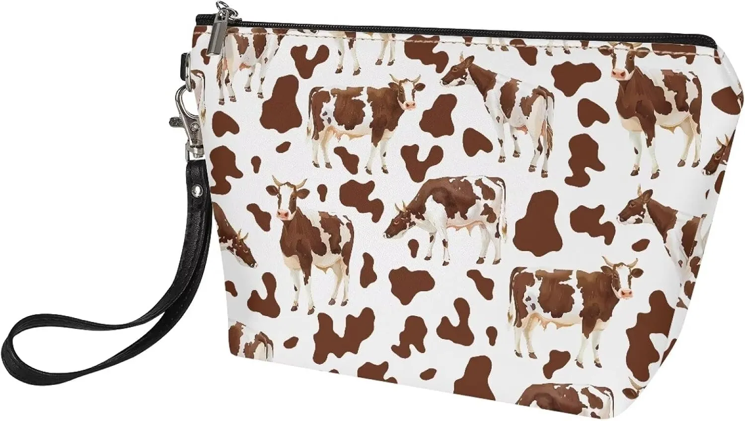 HUGS IDEA Brown Cow Cosmetic Bag for Women Travel Makeup Pouch PU Leather Makeup Bag for Purse Portable Toiletry Bag Accessories Organizer