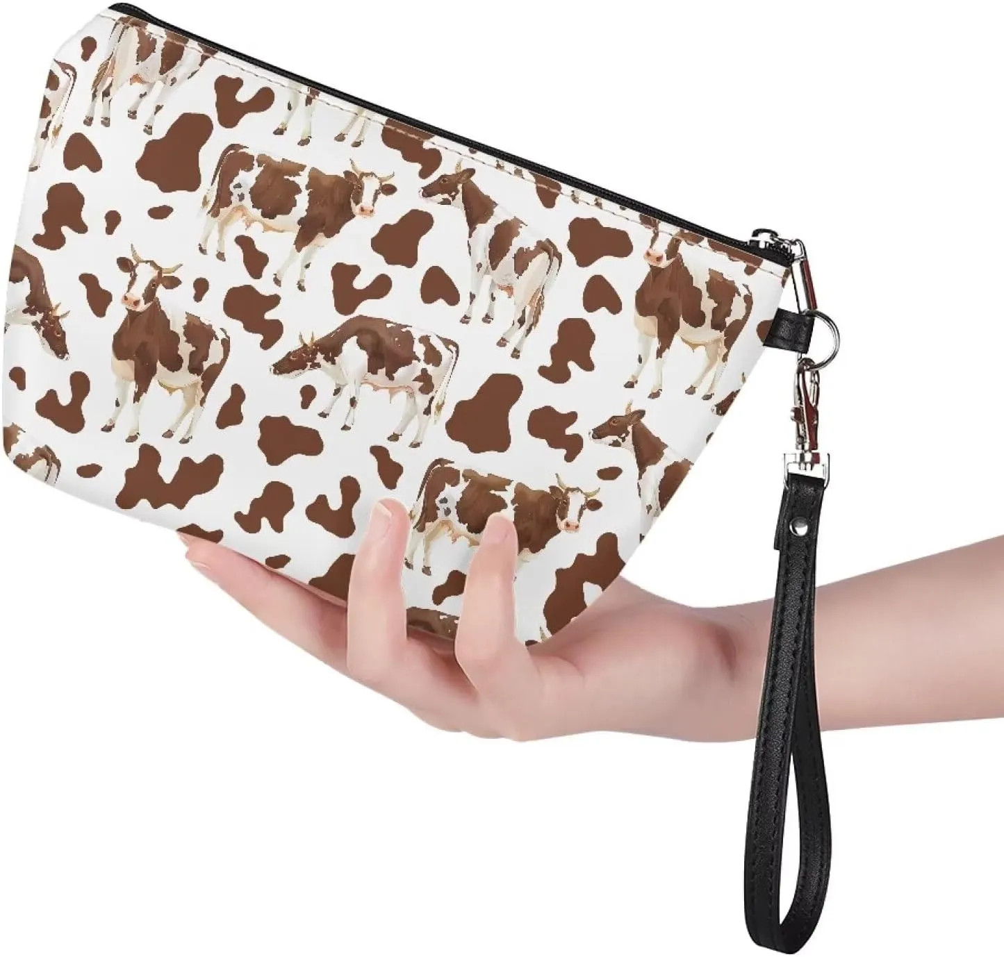 HUGS IDEA Brown Cow Cosmetic Bag for Women Travel Makeup Pouch PU Leather Makeup Bag for Purse Portable Toiletry Bag Accessories Organizer