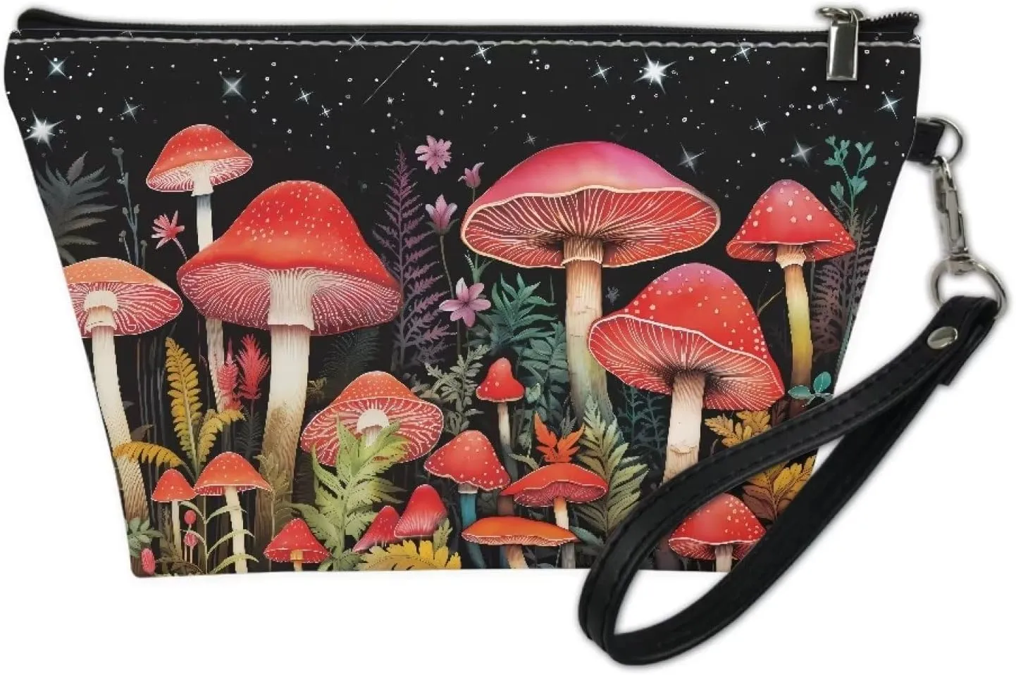HUGS IDEA Cute Mushroom Print Travel Makeup Bag for Women Gifts Cosmetic Bag Portable Zipper Pouch Luggage Accessories Toiletry Small Makeup Bag