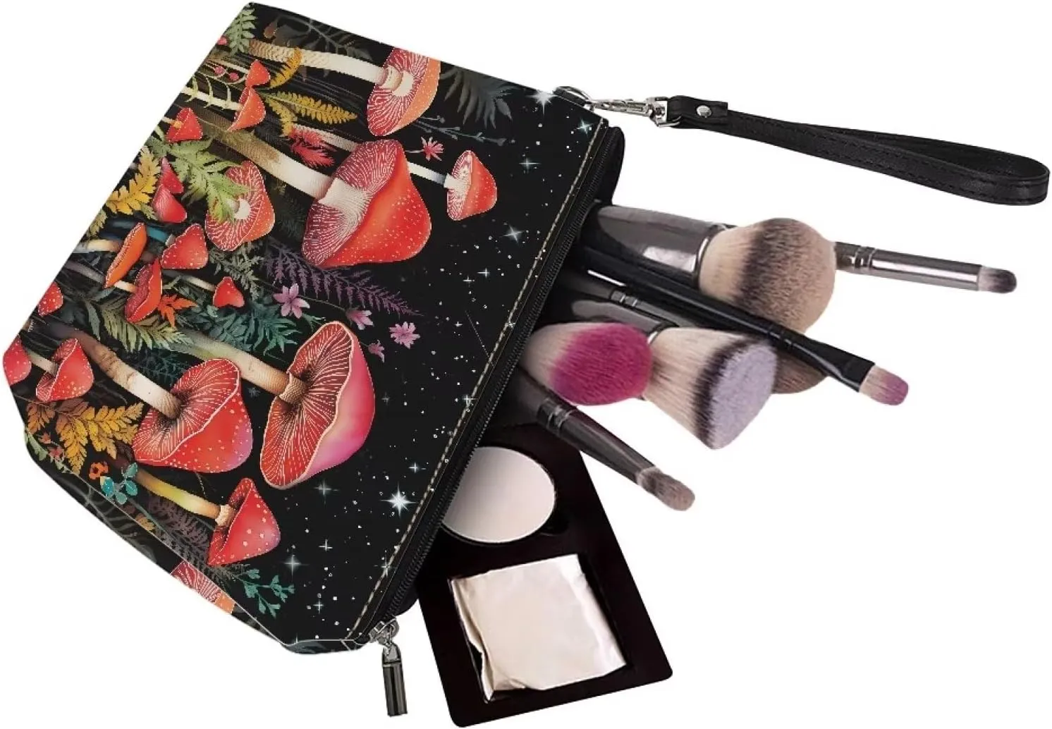 HUGS IDEA Cute Mushroom Print Travel Makeup Bag for Women Gifts Cosmetic Bag Portable Zipper Pouch Luggage Accessories Toiletry Small Makeup Bag