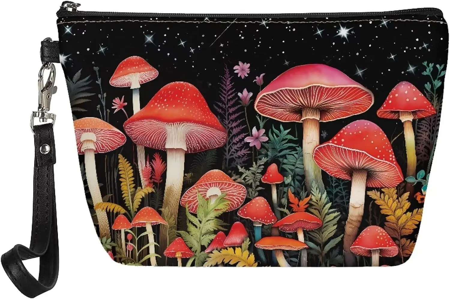 HUGS IDEA Cute Mushroom Print Travel Makeup Bag for Women Gifts Cosmetic Bag Portable Zipper Pouch Luggage Accessories Toiletry Small Makeup Bag