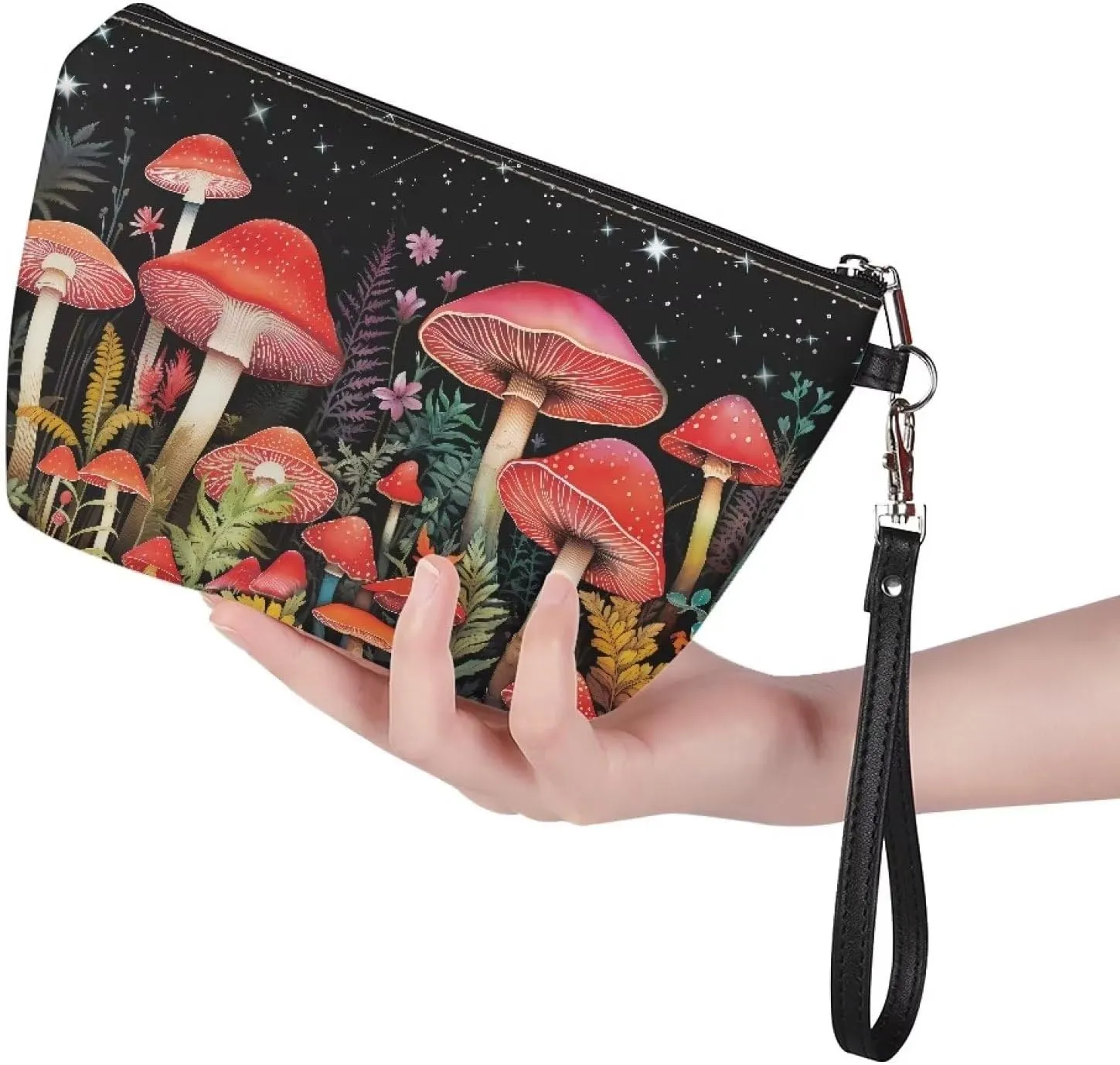 HUGS IDEA Cute Mushroom Print Travel Makeup Bag for Women Gifts Cosmetic Bag Portable Zipper Pouch Luggage Accessories Toiletry Small Makeup Bag