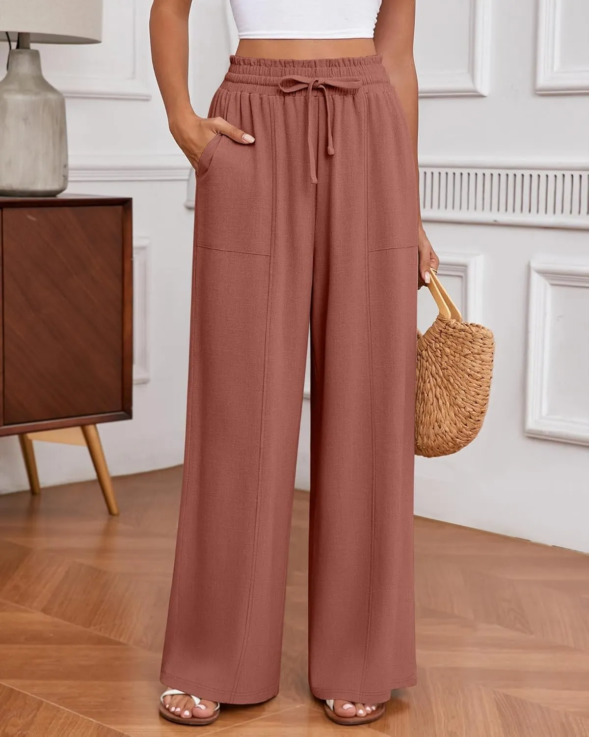 Huukeay Women's Linen Wide Leg Pants, High Waist Flowy Palazzo Pants with Pockets Drawstring Summer Casual Work Trousers