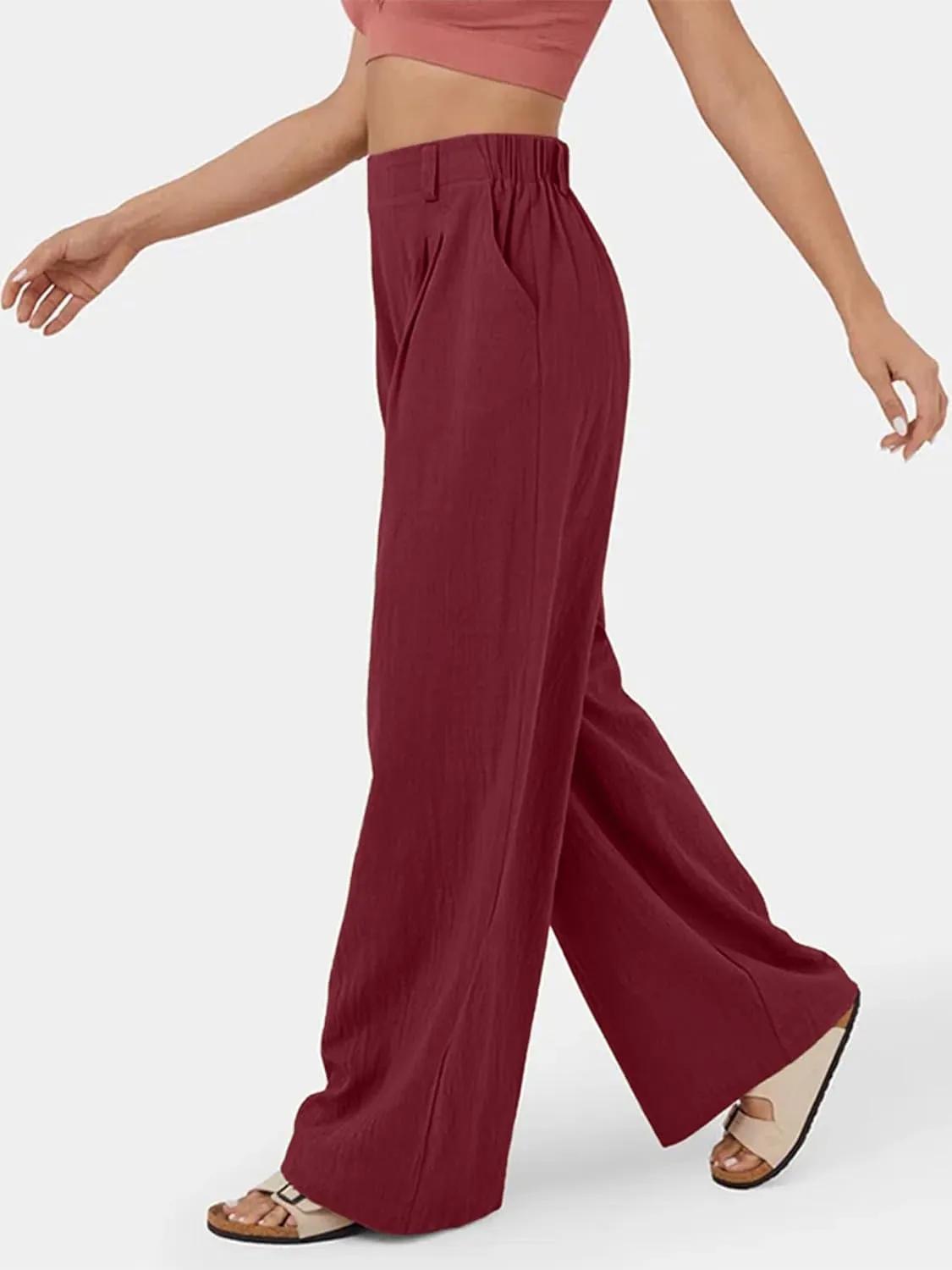 IFFEI Womens Linen Pants Casual Loose Wide Leg High Waist Button Up Pants Trousers with Pockets