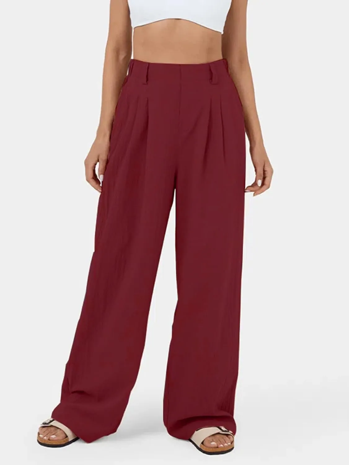 IFFEI Womens Linen Pants Casual Loose Wide Leg High Waist Button Up Pants Trousers with Pockets