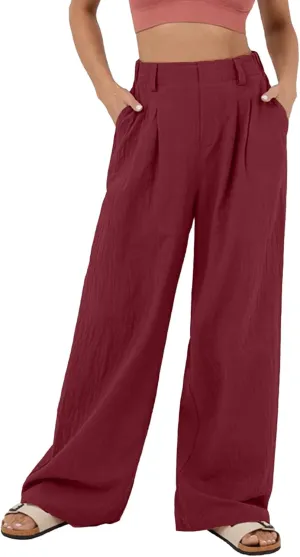 IFFEI Womens Linen Pants Casual Loose Wide Leg High Waist Button Up Pants Trousers with Pockets