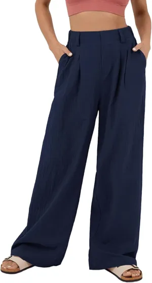 IFFEI Womens Linen Pants Casual Loose Wide Leg High Waist Button Up Pants Trousers with Pockets