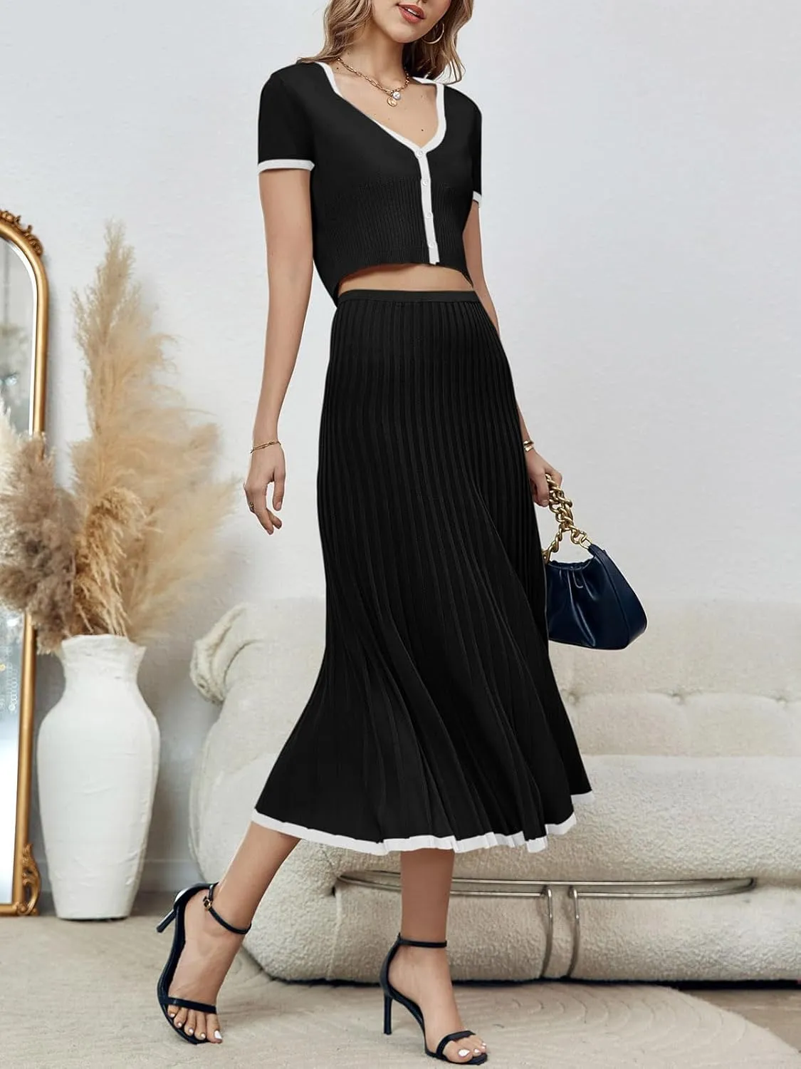 Imily Bela Womens 2 Piece Sweater Outfits Sets Short Sleeve V Neck Crop Top Knit Midi Long Pleated Skirt Dresses